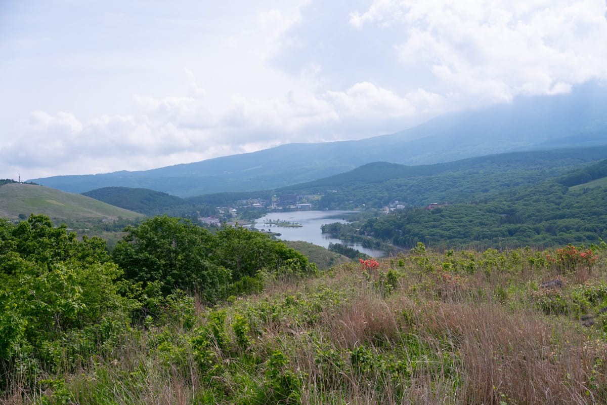 从高原草坡俯瞰白樺湖，远处是连绵的山
