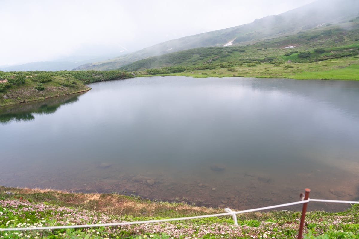 旭岳山上的高山湖，四周是草甸与云雾